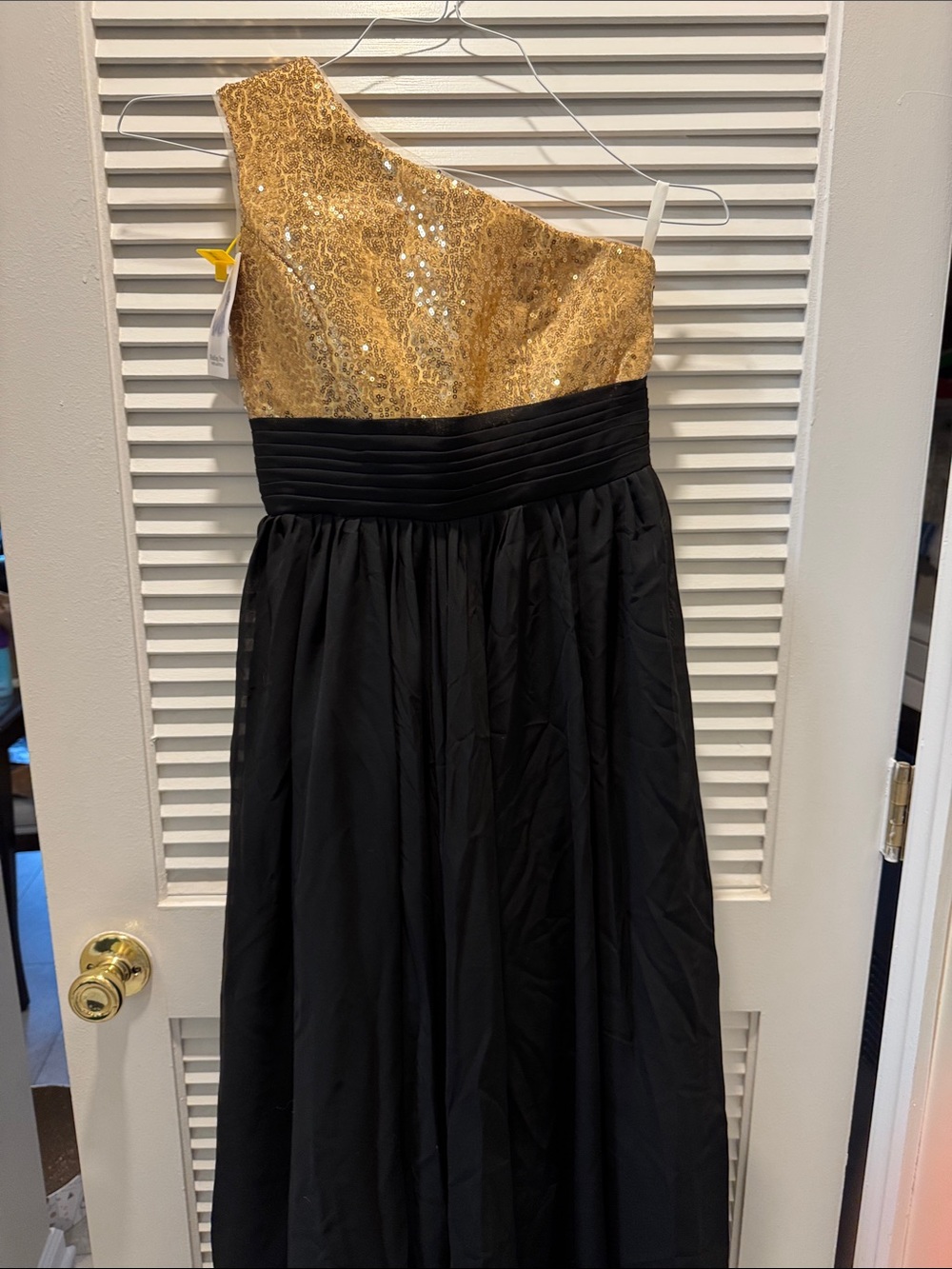 One-Shoulder Gold and Black Evening Dress